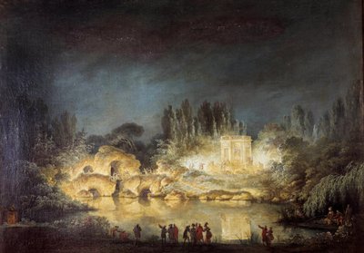 Iluminación del pabellón Belvedere en los jardines del Pequeño Trianón en Versalles durante la fiesta dada por la Reina María Antonieta en honor a su hermano José II en agosto de 1781. Pintura de Claude Louis Chatelet. de Claude Louis Chatelet