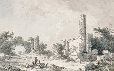 Las ruinas del Templo de Cástor y Pólux, Agrigento, con artistas dibujando de Claude Louis Chatelet