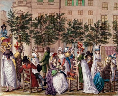 Moda bajo el Directorio: “Le petit Coblenz”, el paseo del Boulevard des Italiens en París. Litografía de Claude Louis Desrais 1798 de Claude Louis Desrais
