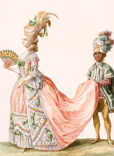 Vestido de noche elaborado de dama, grabado por Le Roi, de 