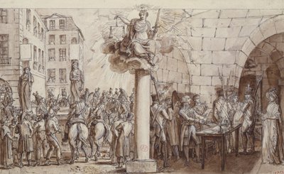 La viuda Morin y su hija Angelique Delaporte en la Conciergerie y castigadas con ser encadenadas en público por el crimen de extorsión con violencia de firmas, 1812 de Claude Louis Desrais
