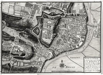 Mapa de Saintes, capital de Saintonge, de Receuil des Plans de Saintonge, 1716 de Claude Masse