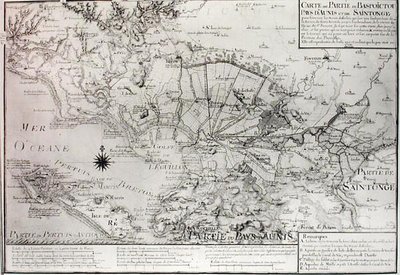 Atlas 131 H f.42 Mapa de Bas Poitou, Aunis y Saintonge con los pantanos de la Bahía de Aiguillon en 1716 de Claude Masse