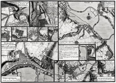 Fol.7 y 98 Mapa de las ciudades y castillos situados a lo largo del río Charente en 1714, del Recueil des Plans de Saintonge de Claude Masse