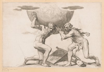 Atlas le da la esfera celeste a Hércules de Claude Mellan (possibly)