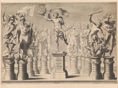Alegoría en honor a la Casa de Saboya con figuras legendarias sobre pedestales de Claude Mellan