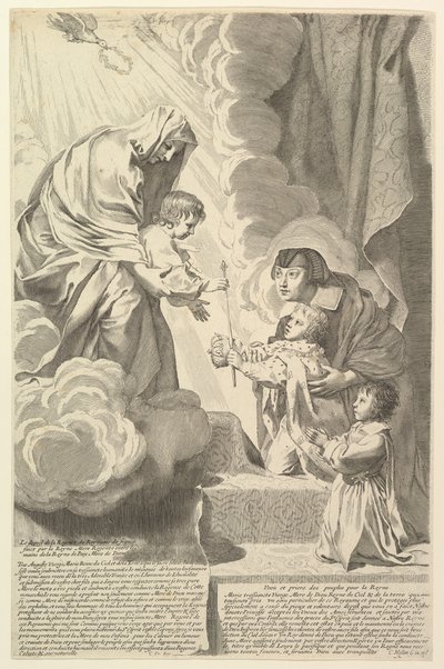 Ana de Austria con el Joven Luis XIV y Monsieur ante la Virgen y el Niño de Claude Mellan