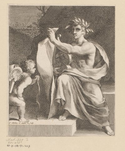 Apolo pone een amor Titelpagina voor: François Tristan the Hermit Sieur du Soliers, Los amores de Tristan, 1638 de Claude Mellan