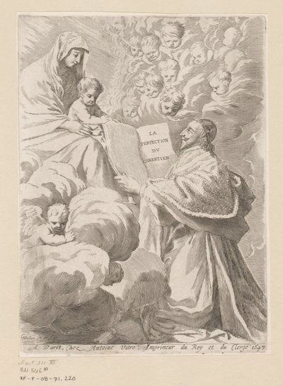 Armand-Jean du Plessis duque de Richelieu presenta un libro a María con el Niño Página de título para: Armand-Jean du Plessis Duque de Richelieu, Traité de la perfeccion du chrétien de Claude Mellan