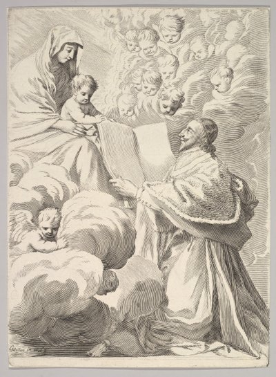Cardenal Richelieu, arrodillado, presenta su libro a la Virgen y el Niño, ca. 1646 de Claude Mellan