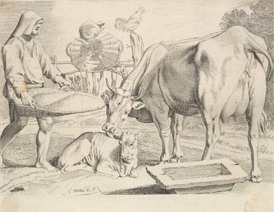 Escena campestre con un campesino, vaca y ternero de Claude Mellan