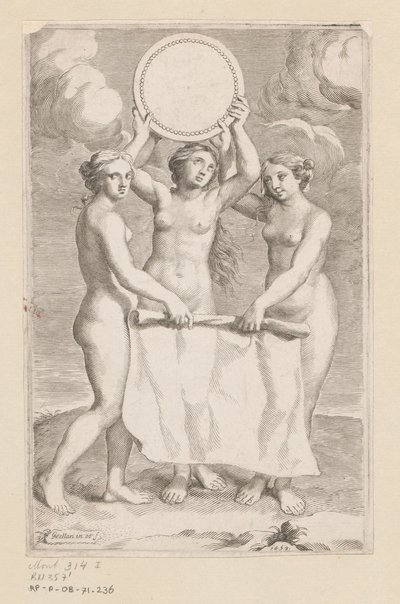 Tres Gracias con medallón Portada para: Balthazar de Vias, Charitum libri tres, 1660 de Claude Mellan