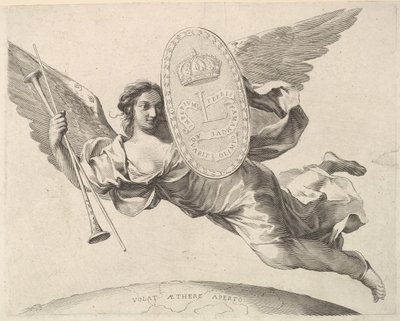 Fama llevando un escudo con la inicial de Luis XIV La Renommée volant de Claude Mellan
