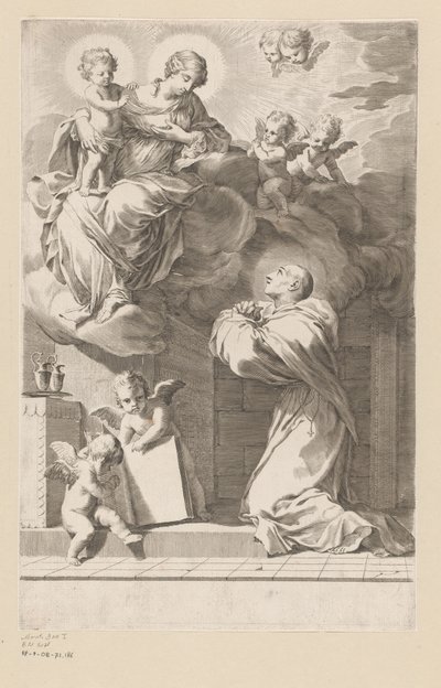 H. Bernard arrodillado ante una aparición de la Virgen y el Niño Portada para: San Bernardo, Divi Bernardi Abbatis (...), 1640 de Claude Mellan