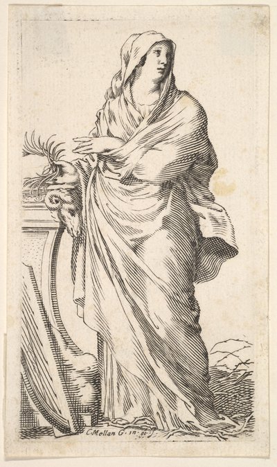Mujer con túnica de pie junto a un pedestal, su mano derecha sostiene una rama de palma, un arpa, ca. 1620-88 de Claude Mellan
