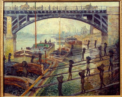 Descargadores de carbón descargando mercancías de las cabañas en las orillas del Sena de Claude Monet