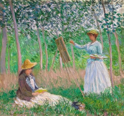 En el jardín de Giverny: Blanche Hoschedé en el caballete y Suzanne Hoschedé leyendo de Claude Monet