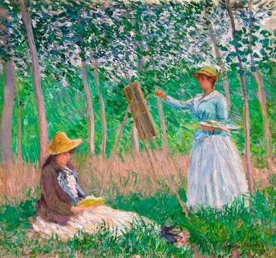 En el bosque de Giverny: Blanche Hoschedé en su caballete con Suzanne Hoschedé leyendo de Claude Monet