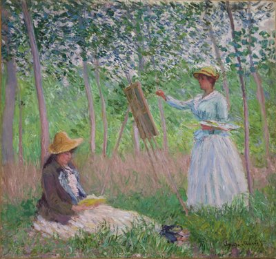 En el bosque de Giverny: Blanche Hoschede en su caballete con Suzanne Hoschede leyendo, 1887 de Claude Monet