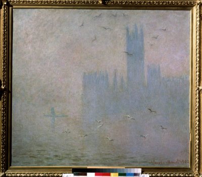 ""Gaviotas, el Támesis, el Parlamento de Londres"" (Gaviotas. El Támesis en Londres. Las Casas del Parlamento) Pintura de Claude Monet (1840-1926). 1903-1904 Impresionismo. Tamaño 81 x 92 cm Moscú. Museo Pushkin de Bellas Artes de Claude Monet