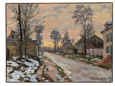Ruta a Louveciennes, nieve fundente, sol poniente, c.1869-70 de Claude Monet