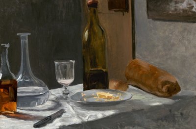 Naturaleza muerta con botella, jarra, pan y vino, c. 1862-63 (óleo sobre lienzo) de Claude Monet