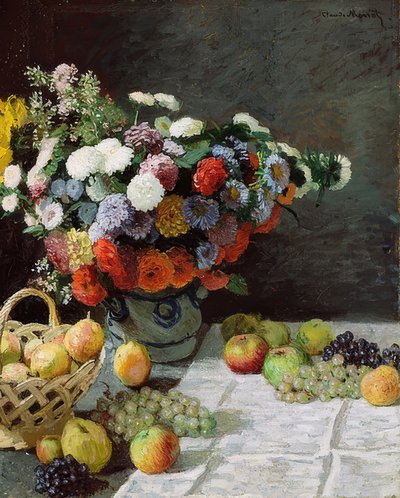 Naturaleza muerta con flores y frutas de Claude Monet