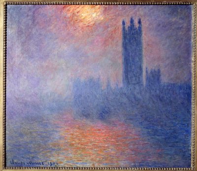 Las Casas del Parlamento, Londres, con el sol abriéndose paso entre la niebla de Claude Monet
