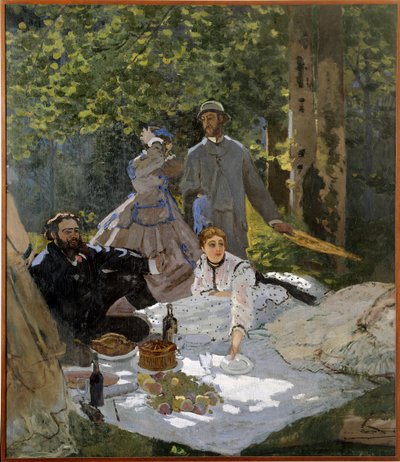 El desayuno sobre la hierba (retrato de Frédéric Bazille en el centro, Camille Doncieux y Gustave Courbet a la izquierda) de Claude Monet