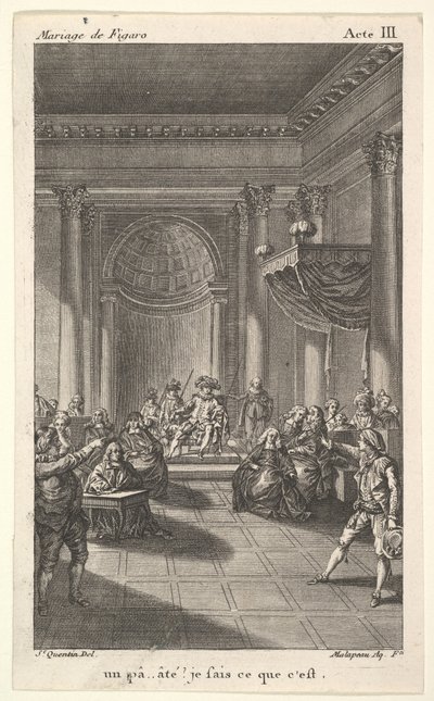 Un hombre sentado en una silla en una plataforma escalonada sostiene una audiencia, dos hombres señalando de pie, ca. 1784 de Claude Nicolas Malapeau