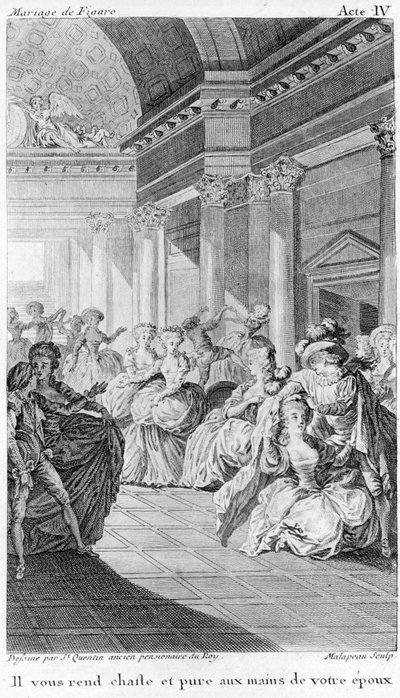 Le mariage de Figaro de Beaumarchais, acto IV. Dibujo de St. Quentin, grabado de Malapeau de Claude Nicolas Malapeau