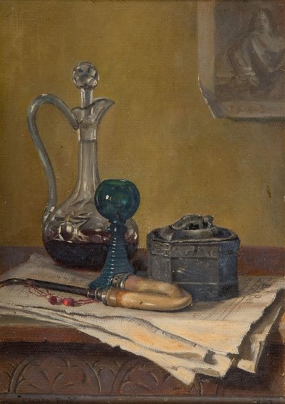 Naturaleza Muerta con Periódico, Pipa, Decantador y Tarro, 1887 de Claude Pratt