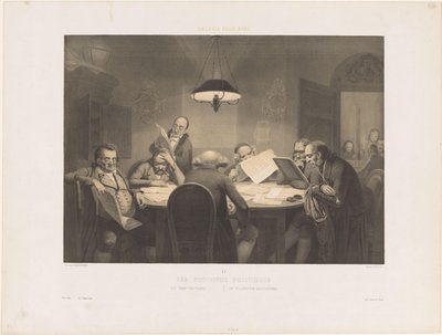 Hombres leyendo alrededor de una mesa
Les profonds politiques / The deep politicians / Die vollendeten Staatsmanner (título en el objeto)
Escenas de humor (título de la serie)
Galerie pour rire (título de la serie en el objeto) de Claude Thielley