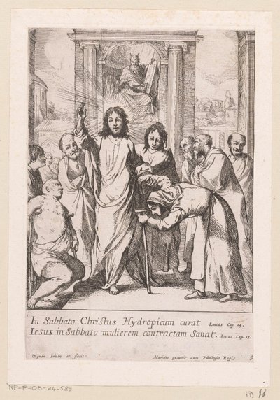 La curación del hombre cojo y de la mujer torcida en sábado Miracula Domini Nostri Jesu Christi (título de la serie) Milagros de Cristo (título de la serie) de Claude Vignon