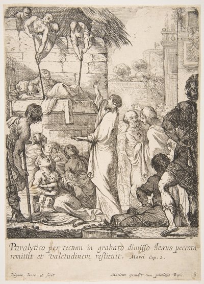 Curación del paralítico Jézus-Christ demuestra curando a un paralítico, que tiene el poder de... de Claude Vignon