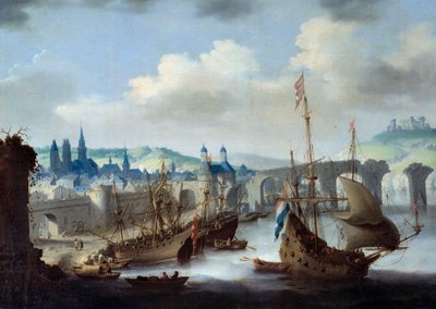 Vista de la ciudad de Ruan. Los barcos están amarrados en las orillas del Sena. Pintura de Claude de Jongh de Claude de Jongh