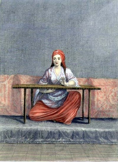 Mujer turca bordando, grabado por C. du Bose, principios del siglo XVIII de Claude du Bose