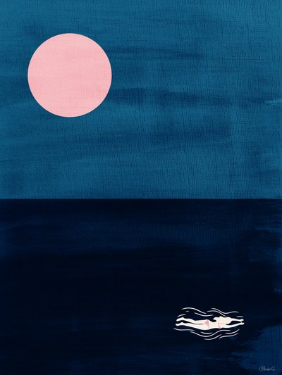 Lámina artística abstracta del océano «Midnight Swim Pink Moon» de Claudia Spano'