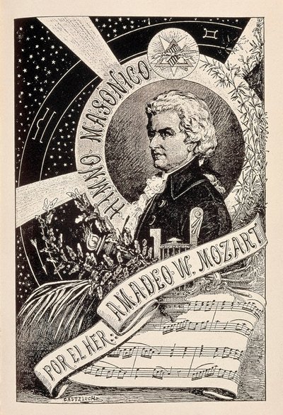 Representación del compositor austriaco Wolfgang Amadeus Mozart (1756-1791), miembro masón asociado con el Diccionario Enciclopédico de la Masonería de Claudio Castelucho
