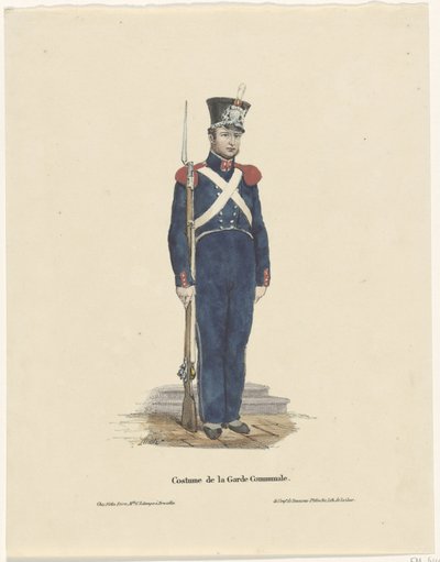 Arquero belga, 1830 Traje de la Garde Communale (título sobre objeto) de Claudio Linati