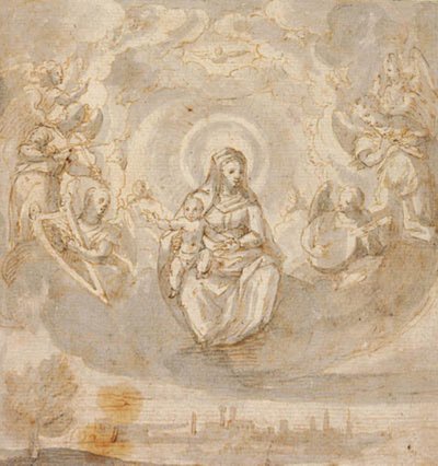 La Virgen María con el Niño Jesús, sentada en las nubes rodeada de ángeles de Claudio Ridolfi