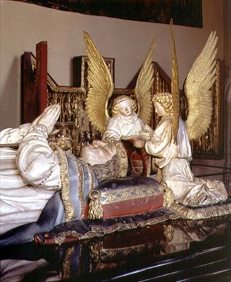 (detalle) de la efigie y dos ángeles, de la tumba de Felipe el Atrevido, Duque de Borgoña (1342-1404), por Jean de Marville (m.1389), Claus Sluter (m.1405/6) y Claus de Werve (c.1380-1439), encargado para el monasterio de Champmol de Claus and Marville Jean de Sluter