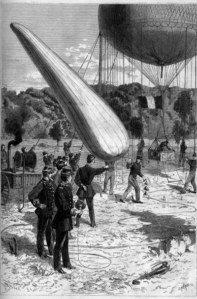 Aerostatos militares: experiencias telefónicas en el establecimiento de Meudon. Grabado por Claverie en "Le Monde Illustré" n°1331 del 30 de septiembre de Claverie
