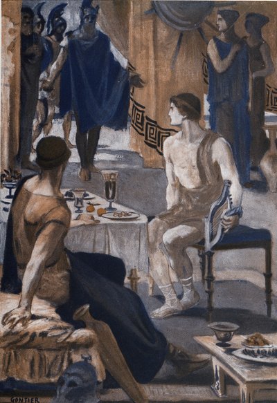 Aquiles recibe a los enviados de Agamenón. Ilustración de Clement Gontier (1876-1918) para "La Ilíada" (Omero) de Homere. París, Henri Laurens de Clement Gontier