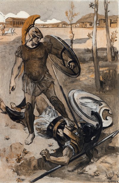 La muerte de Héctor: Héctor es asesinado por Aquiles. Ilustración de Clement Gontier (1876-1918) para "La Ilíada" (Omero) de Homere. París, Henri Laurens de Clement Gontier