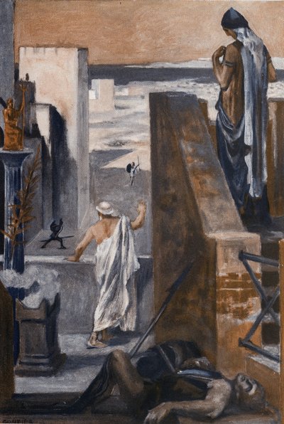 Los padres de Héctor le ruegan que evite la lucha. Ilustración de Clement Gontier (1876-1918) para "La Ilíada" (Omero) de Homere. París, Henri Laurens de Clement Gontier