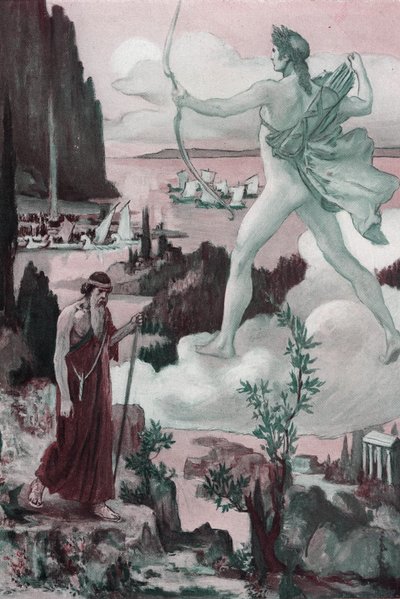Invocación. La ira de Apolo: El sacerdote Crisés invoca a Apolo, diciendo: "¡Que los griegos sean expulsados, por tus flechas, de las lágrimas que me hacen derramar!" . Ilustración de Clement Gontier (1876-1918) para "La Ilíada" (Omero) de Homere. París, H de Clement Gontier