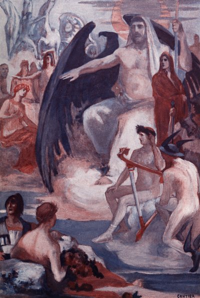 La defensa de Júpiter para rescatar a los troyanos o griegos. Ilustración de Clement Gontier (1876-1918) para "La Ilíada" (Omero) de Homere. París, Henri Laurens de Clement Gontier