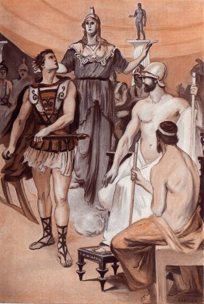 La Querelle de Aquiles y Agamenón: Minerva, descendiendo del cielo, se acercó por detrás de Aquiles y lo agarró por los cabellos para impedir que desenvainara su espada contra Agamenón. Ilustración de Clement Gontier (1876-1918) para "La Ilíada" de Homere  de Clement Gontier