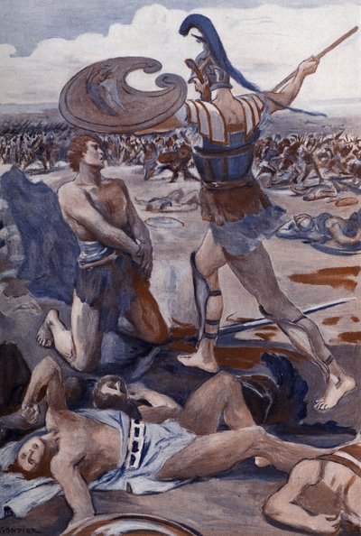 La muerte de Patrocles: Héctor mata a Patrocles. Ilustración de Clement Gontier (1876-1918) para "La Ilíada" (Omero) de Homere. París, Henri Laurens de Clement Gontier